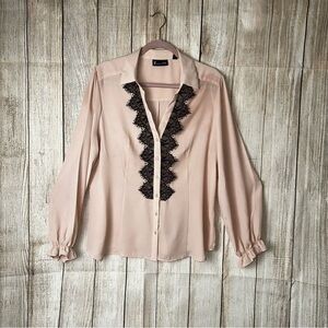 New York & Company Blush Blouse with Black Lace Detail